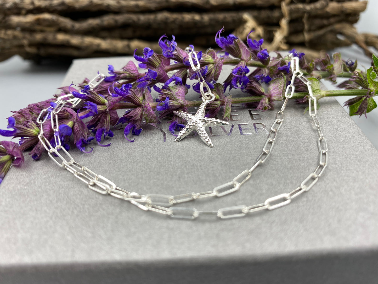Starfish charm skinny trace chain necklace in Sterling Silver