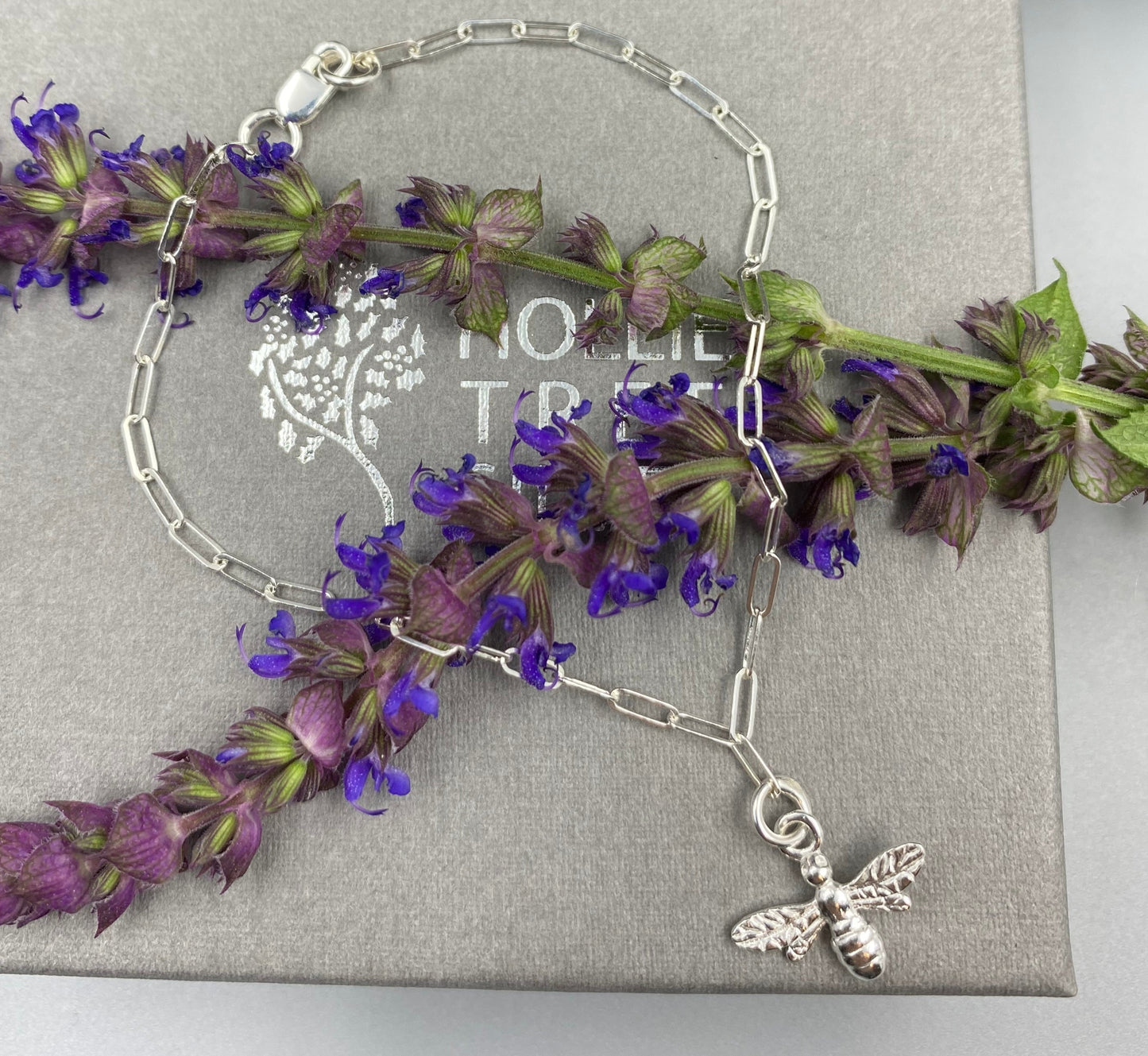 Sterling silver bee charm skinny trace chain bracelet
