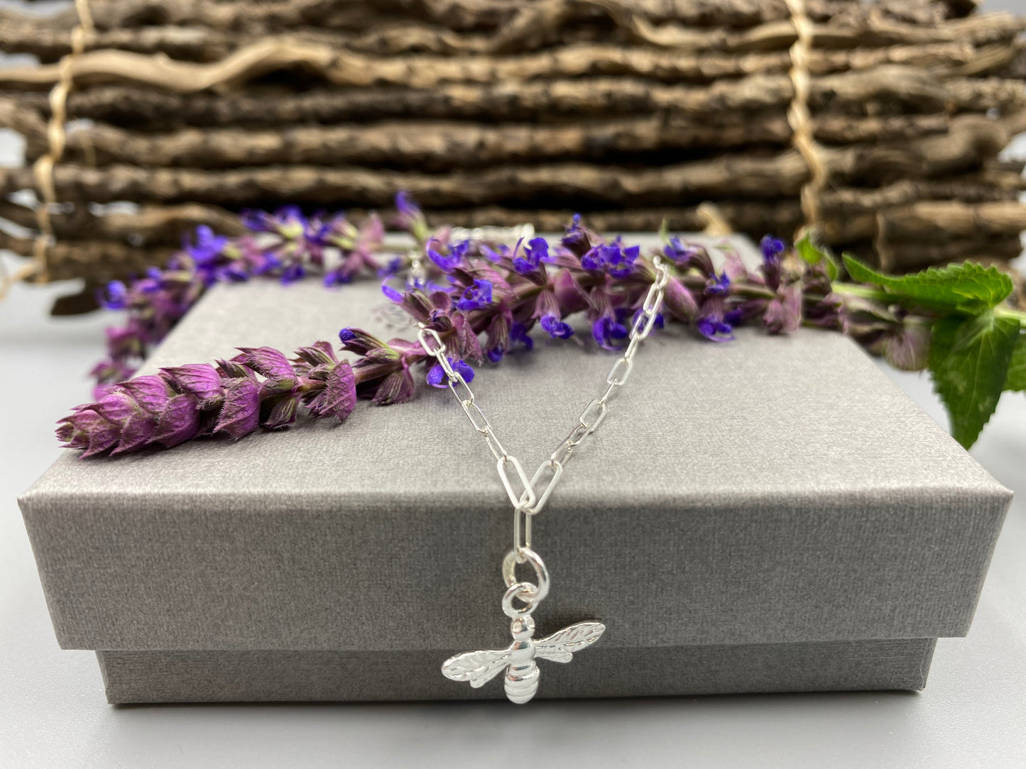 Sterling silver bee charm skinny trace chain bracelet