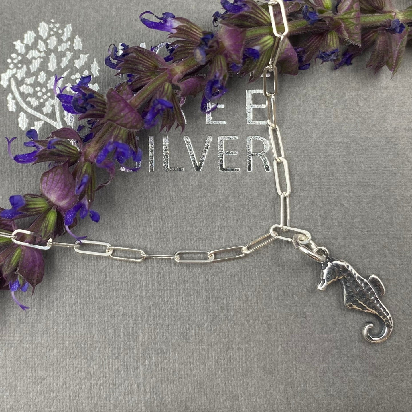 Sterling silver seahorse charm skinny trace chain bracelet