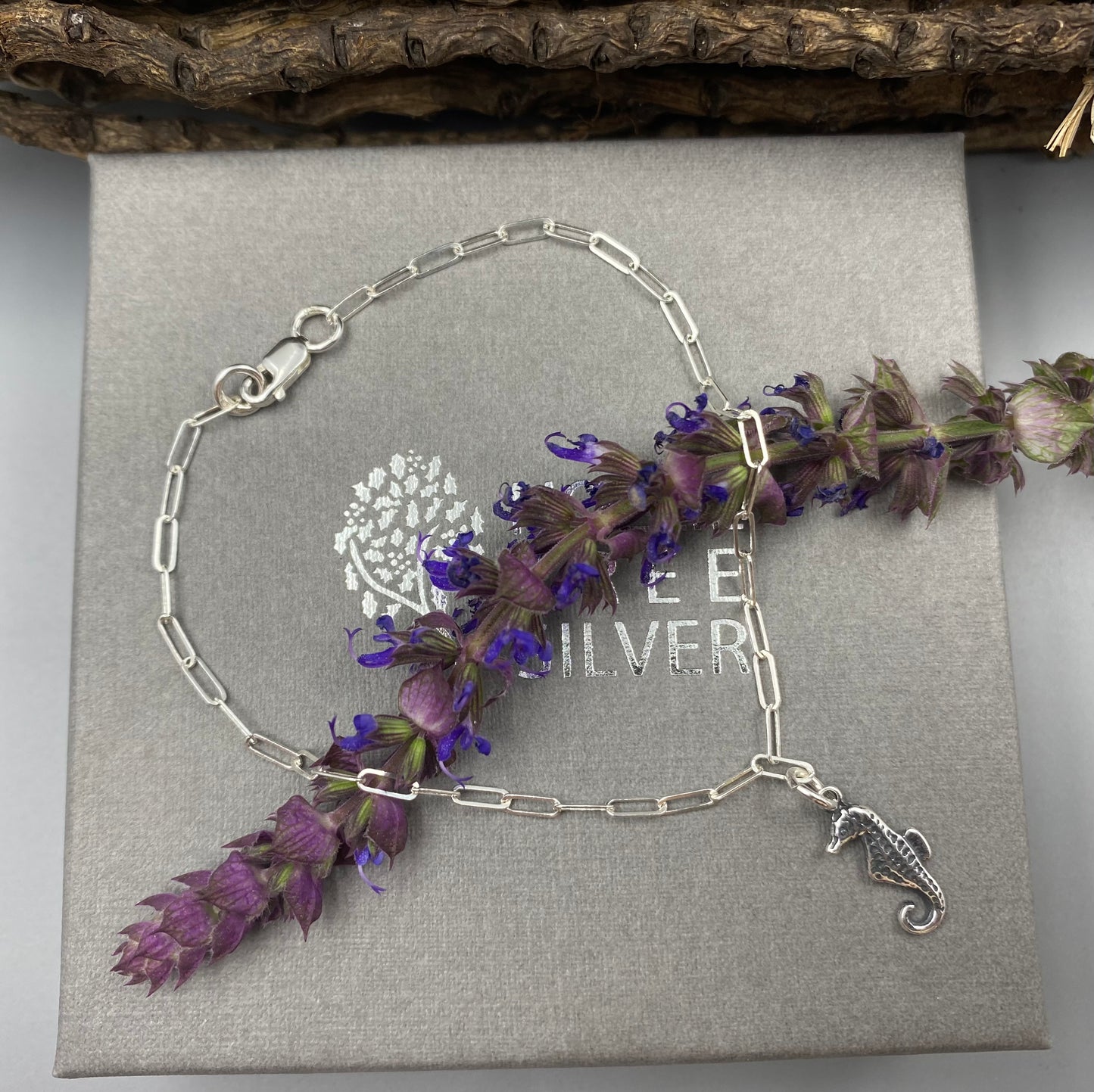 Sterling silver seahorse charm skinny trace chain bracelet