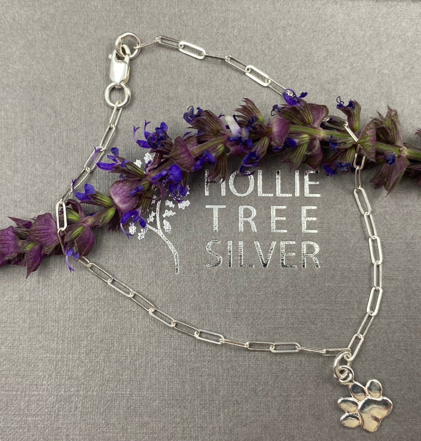 Sterling silver dog paw charm skinny trace chain bracelet