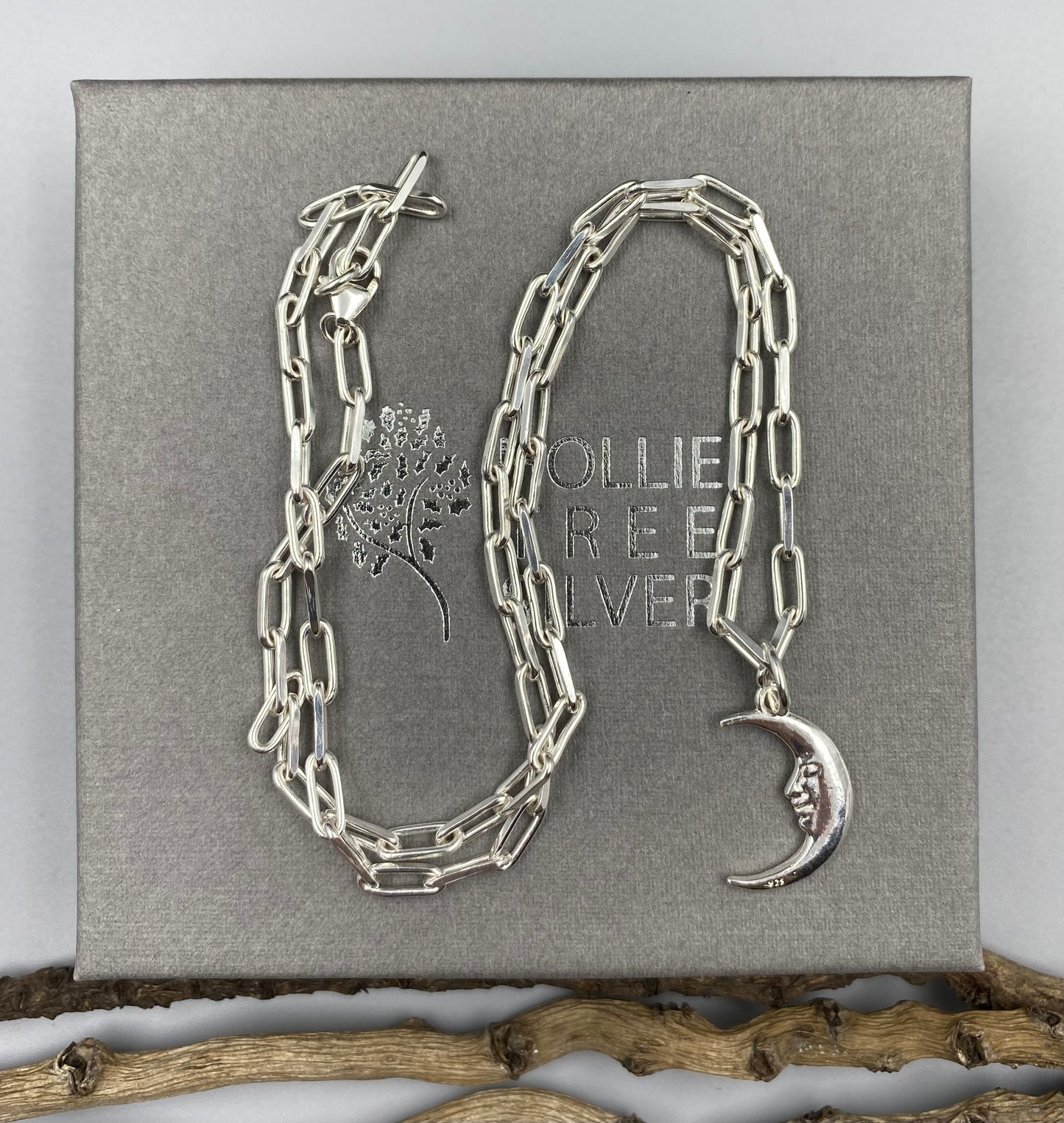 Moon charm trace chain necklace in Sterling Silver