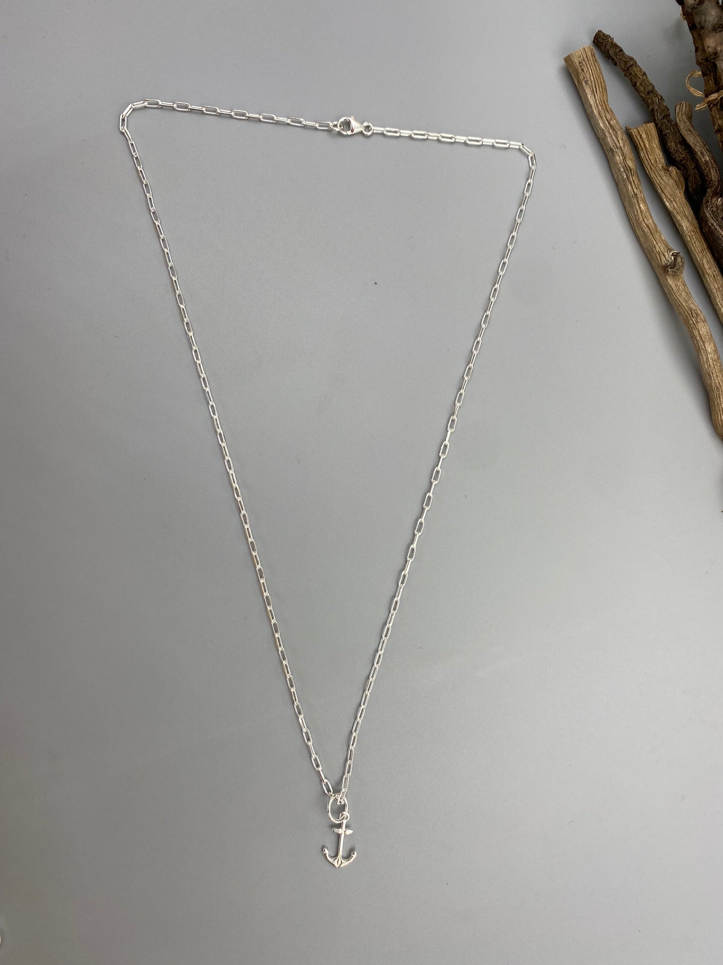 Anchor charm skinny trace chain necklace in Sterling Silver