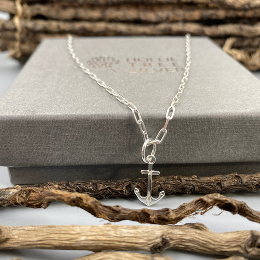 Sterling Silver Anchor Charm Trace Necklace | Hollie Tree Silver