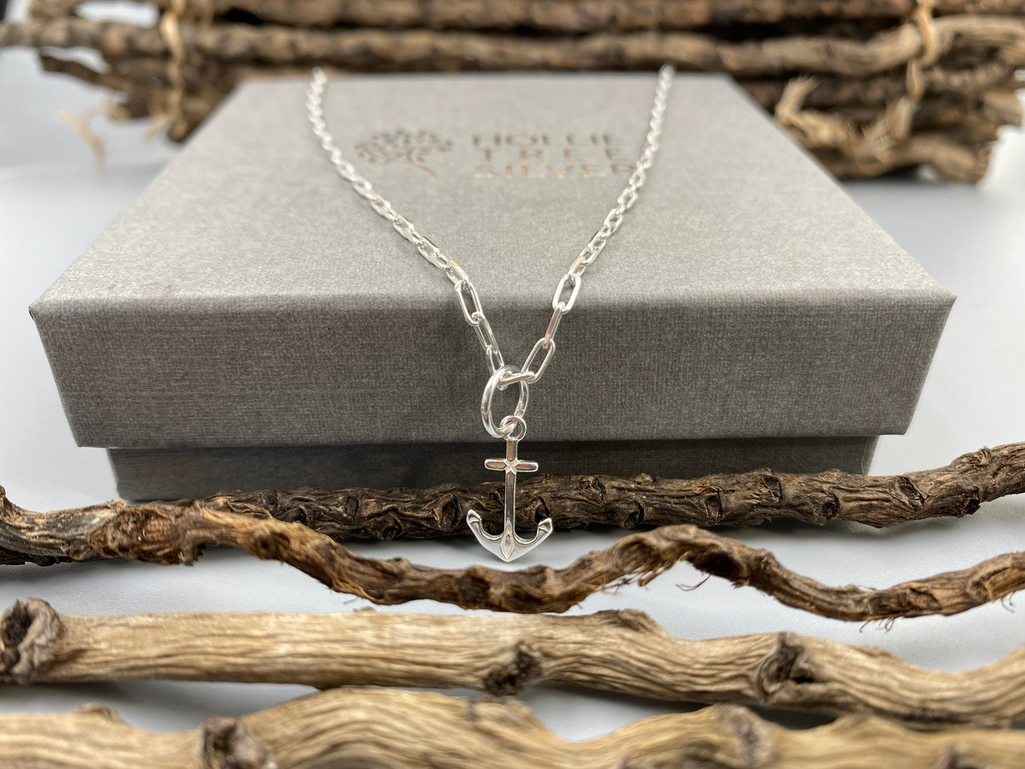 Anchor charm skinny trace chain necklace in Sterling Silver