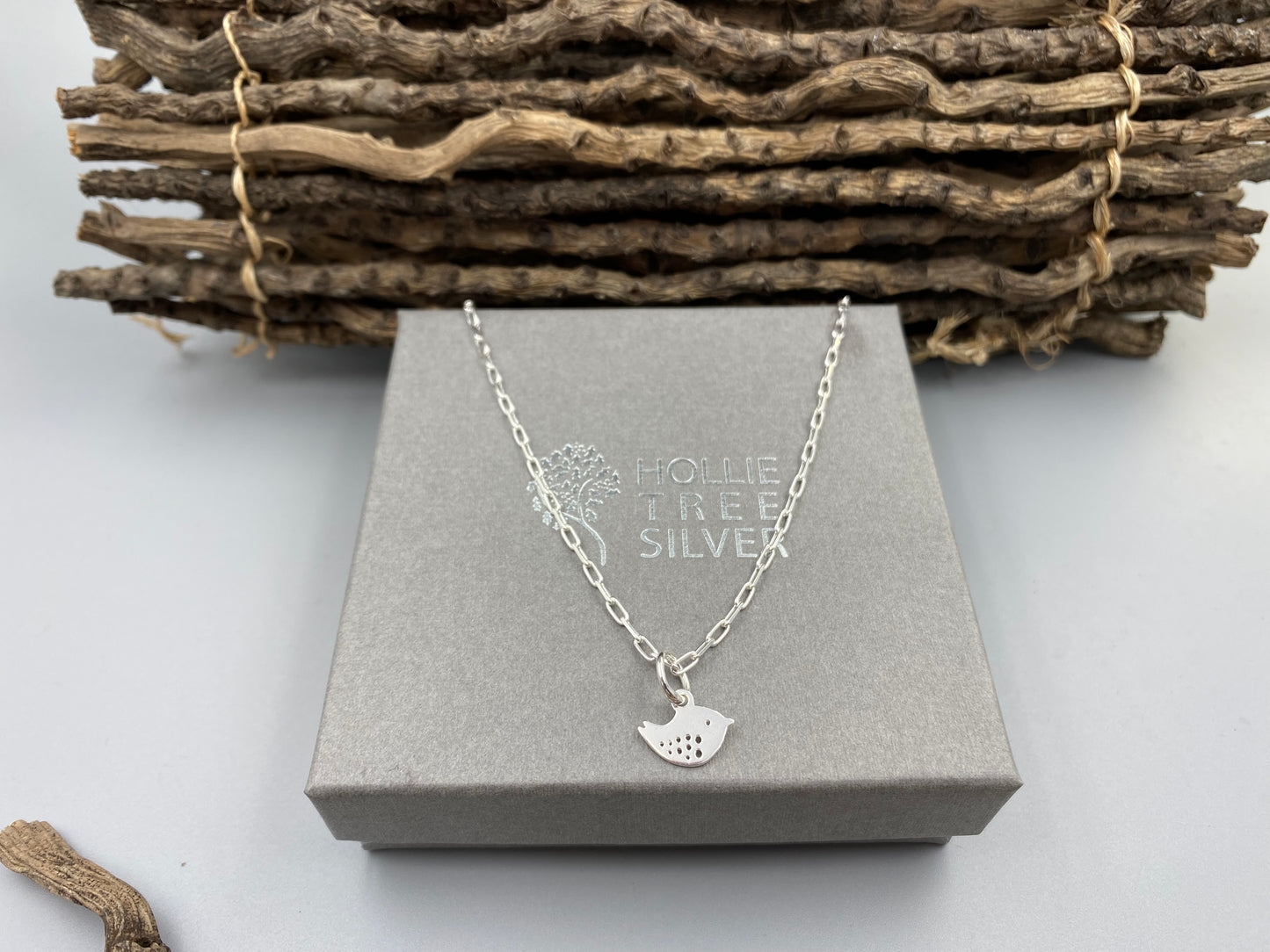 Bird charm skinny trace chain necklace in Sterling Silver