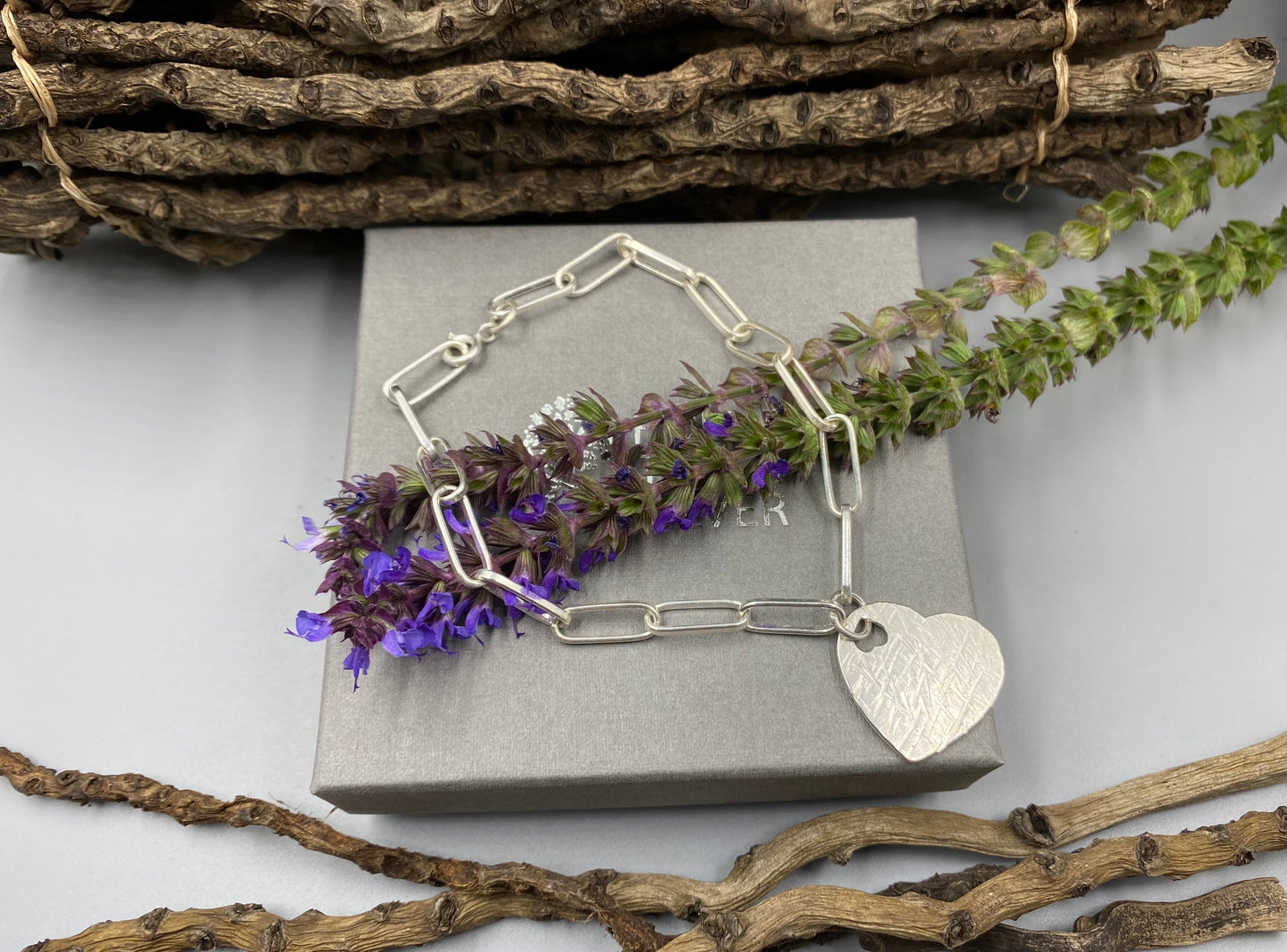Sterling silver textured heart charm trace chain bracelet