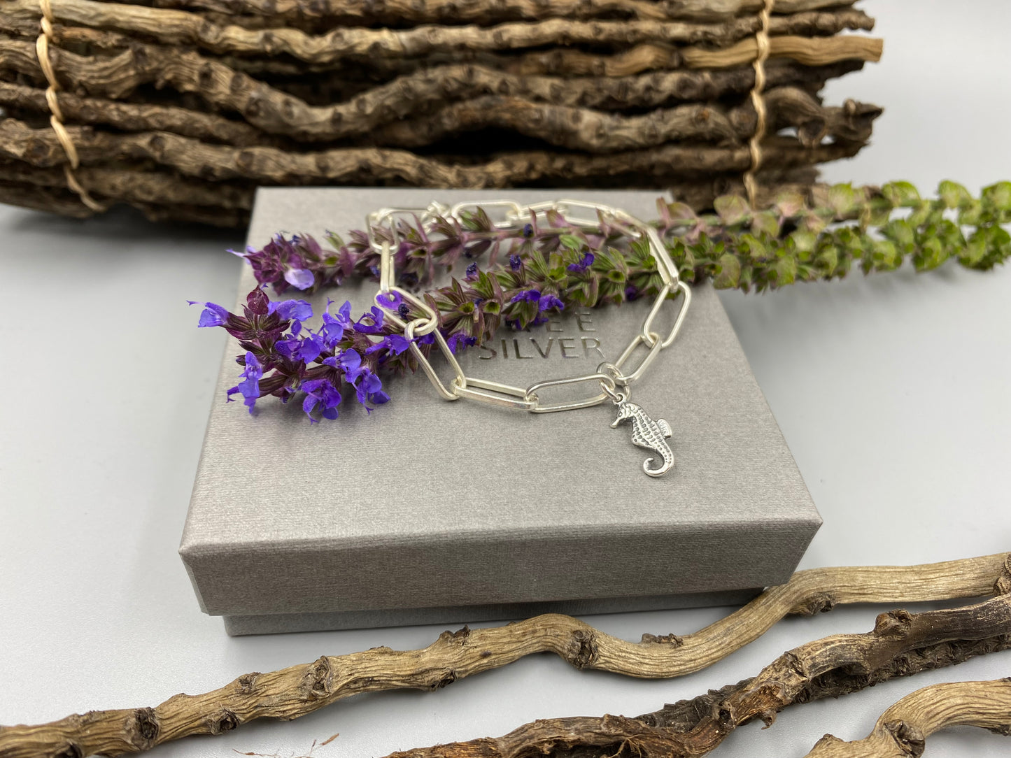 Sterling silver seahorse charm chunky trace chain bracelet