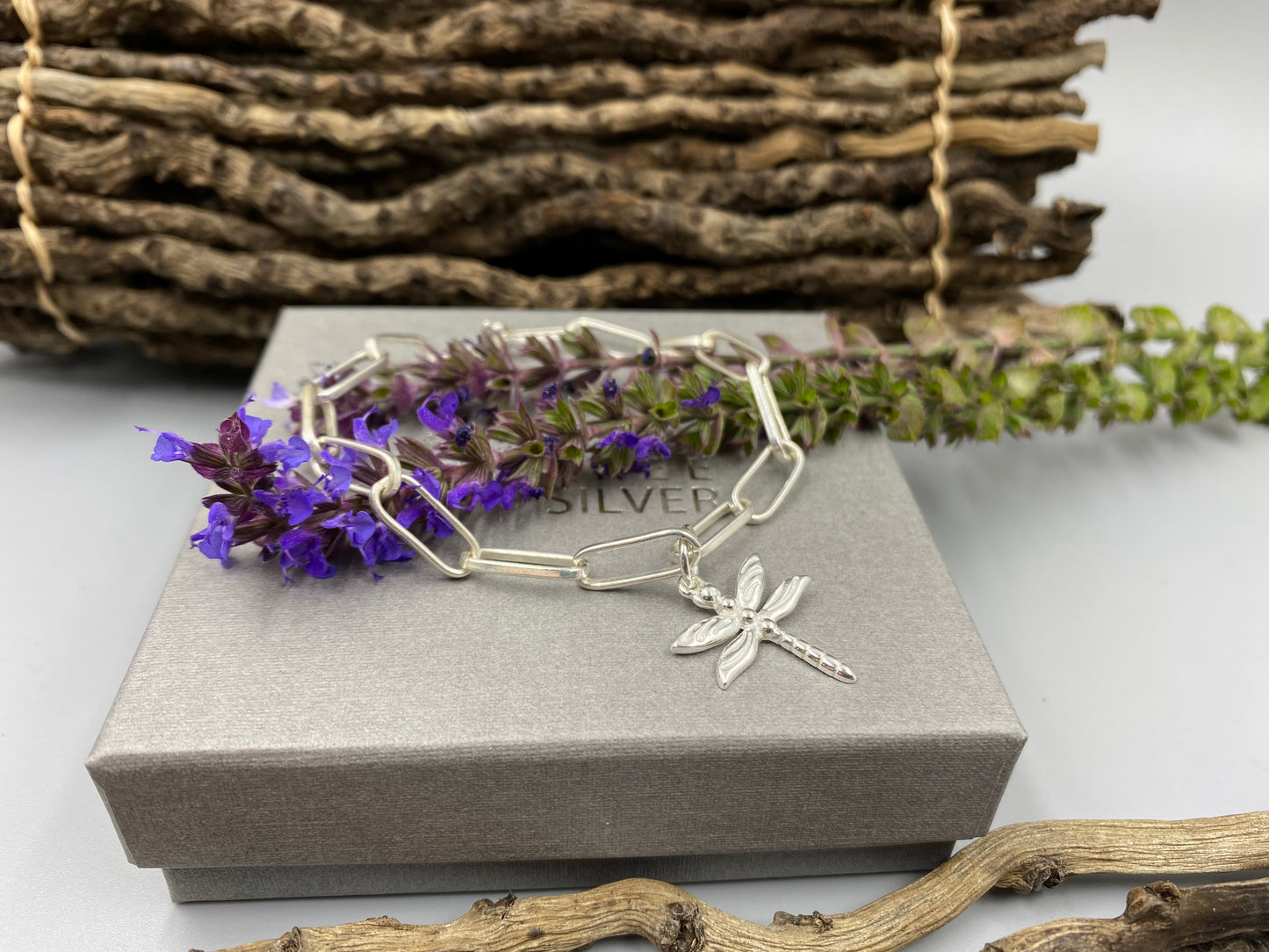 Sterling silver dragonfly charm chunky trace chain bracelet