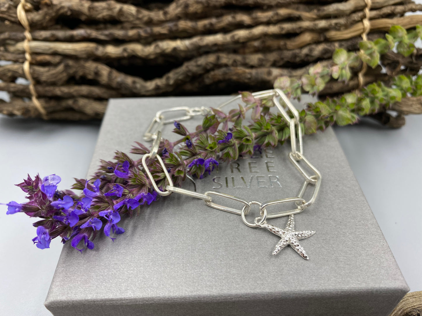 Sterling silver starfish charm chunky trace chain bracelet