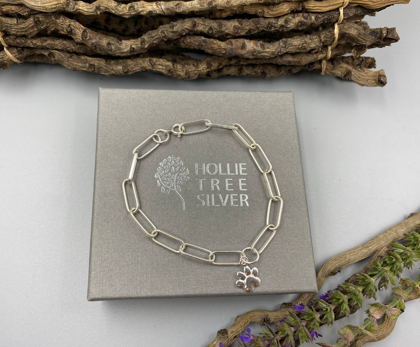 Sterling silver dog paw charm chunky trace chain bracelet