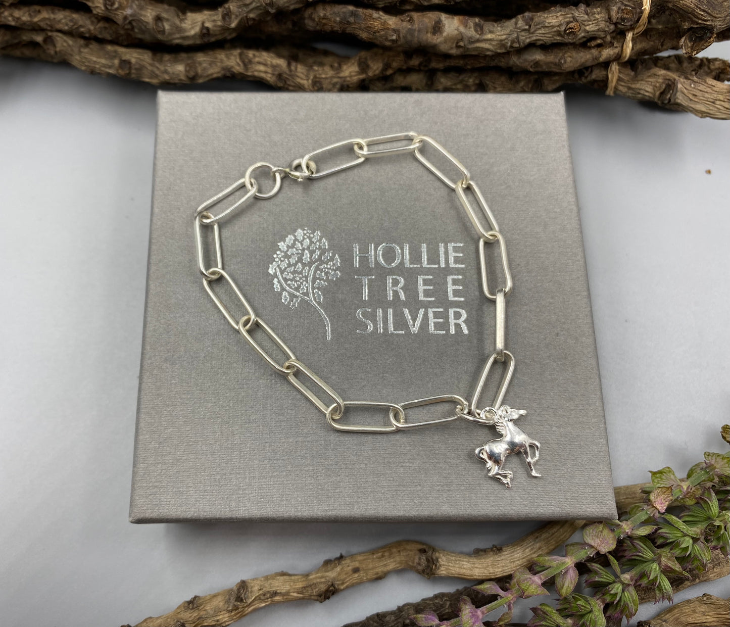 Sterling silver horse or pony charm chunky trace chain bracelet