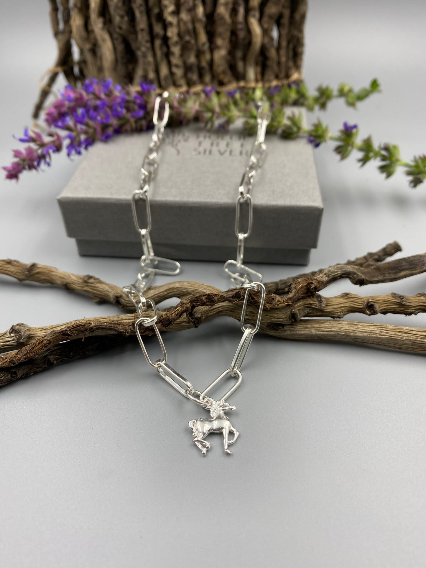Sterling silver horse charm chunky trace chain necklace