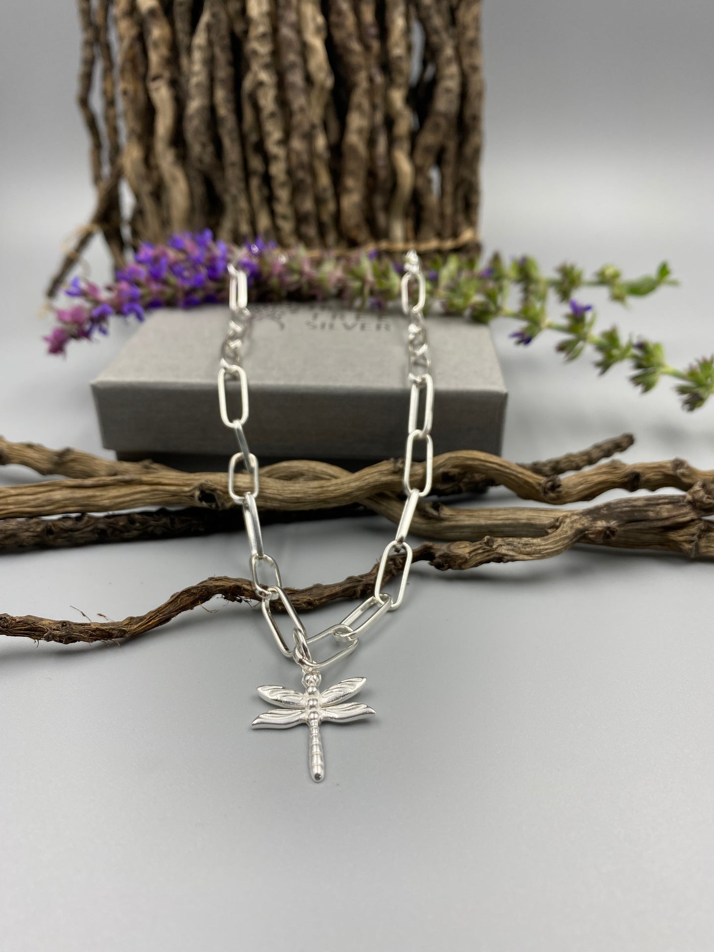Sterling silver dragonfly charm chunky trace chain necklace
