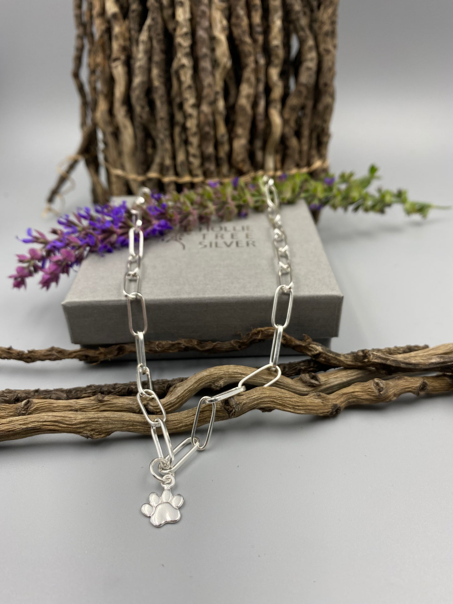 Sterling silver dog paw charm chunky trace chain necklace