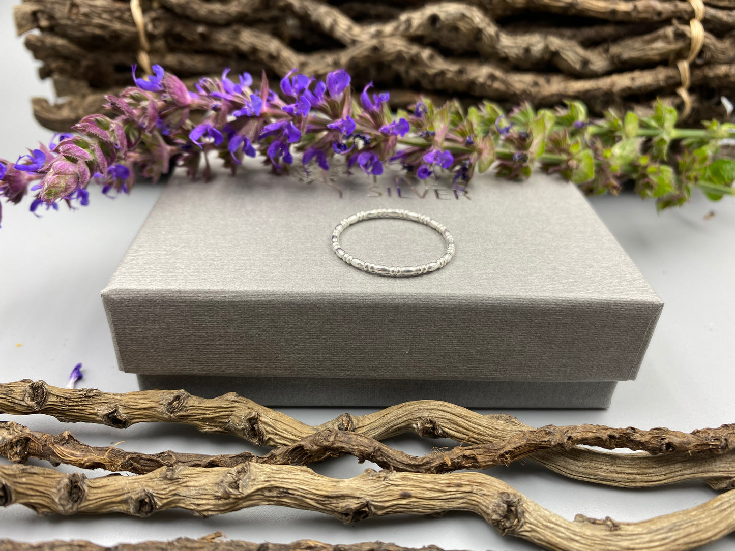 Sterling silver polished oval and rondelle stacker ring