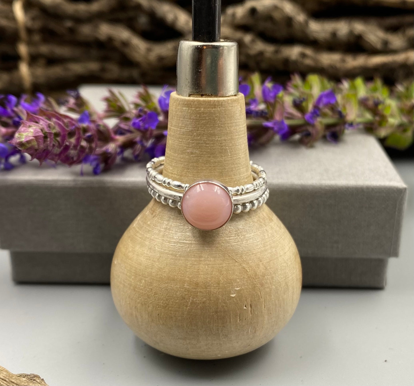 Sterling silver polished oval and rondelle stacker ring
