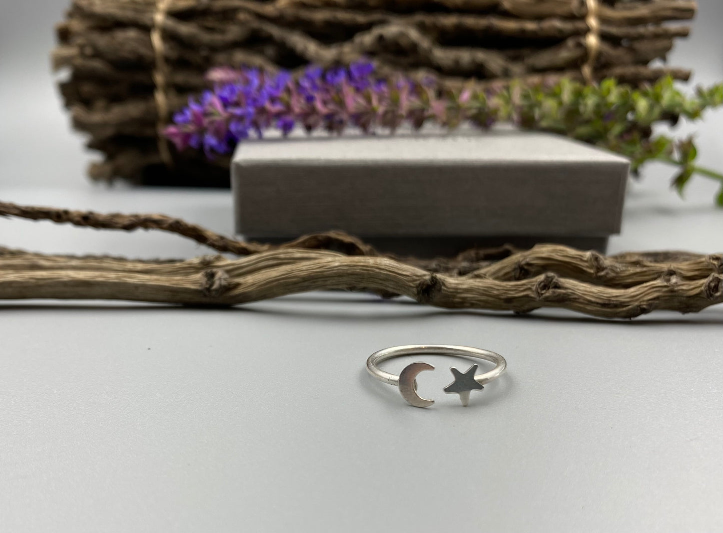 Polished moon and star open ring
