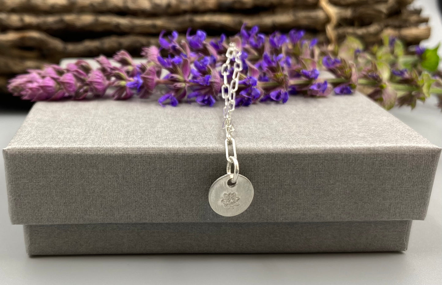 July lotus birthday flower skinny trace chain necklace in Sterling Silver