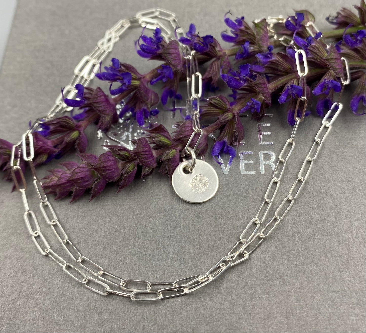 November chrysanthemum birthday flower skinny trace chain necklace in Sterling Silver