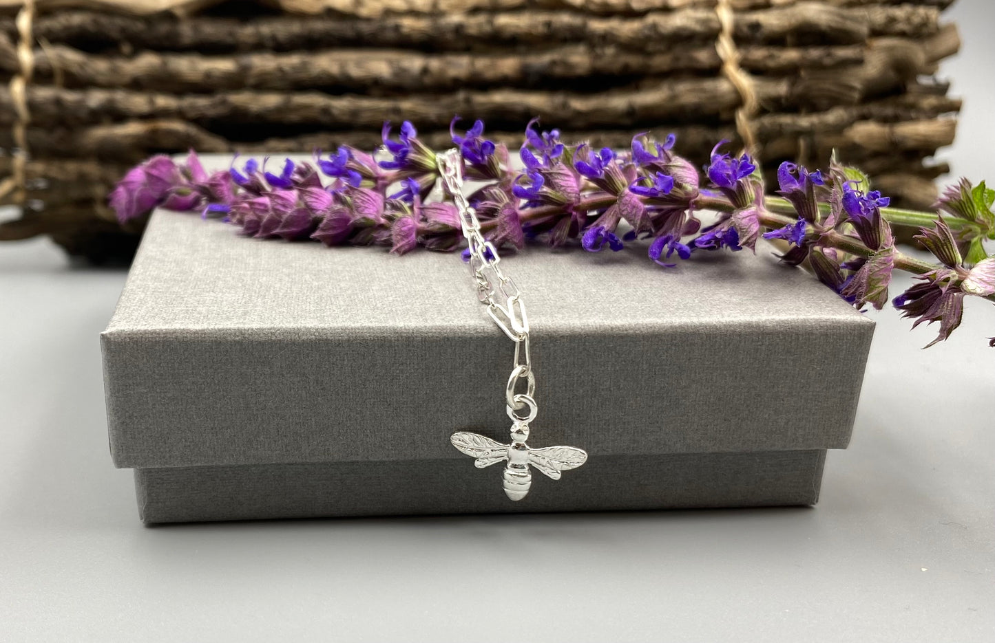 Bee charm skinny trace chain necklace in Sterling Silver