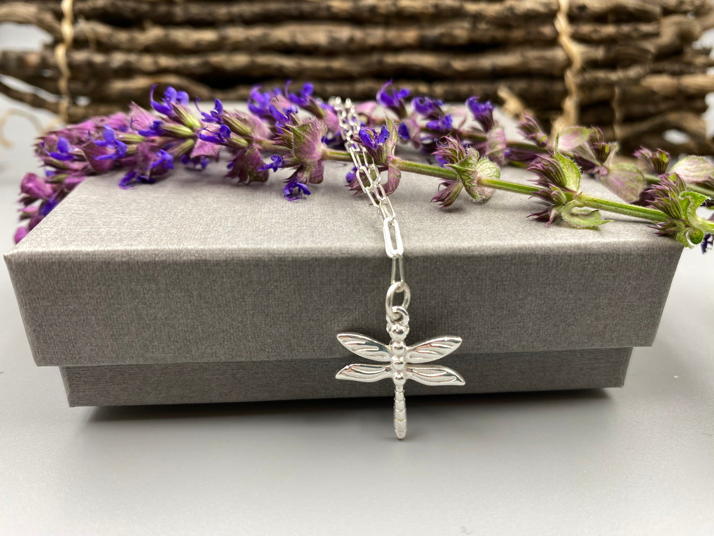Dragonfly charm skinny trace chain necklace in Sterling Silver