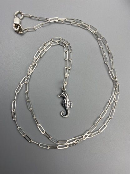 Seahorse charm skinny trace chain necklace in Sterling Silver