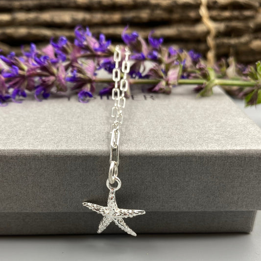 Starfish charm skinny trace chain necklace in Sterling Silver