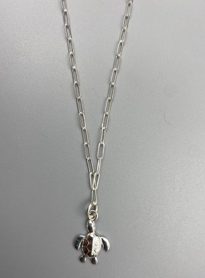 Turtle charm skinny trace chain necklace in Sterling Silver