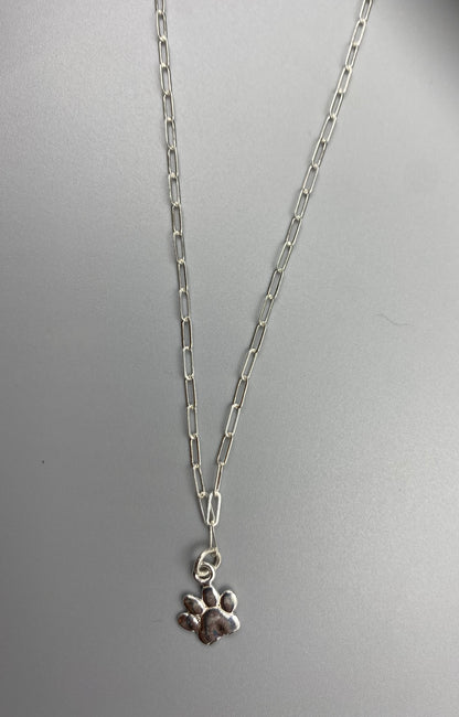 Dog paw charm skinny trace chain necklace in Sterling Silver