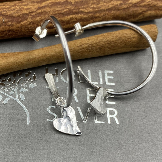 Half hoop earrings with hammer finished heart in Sterling Silver