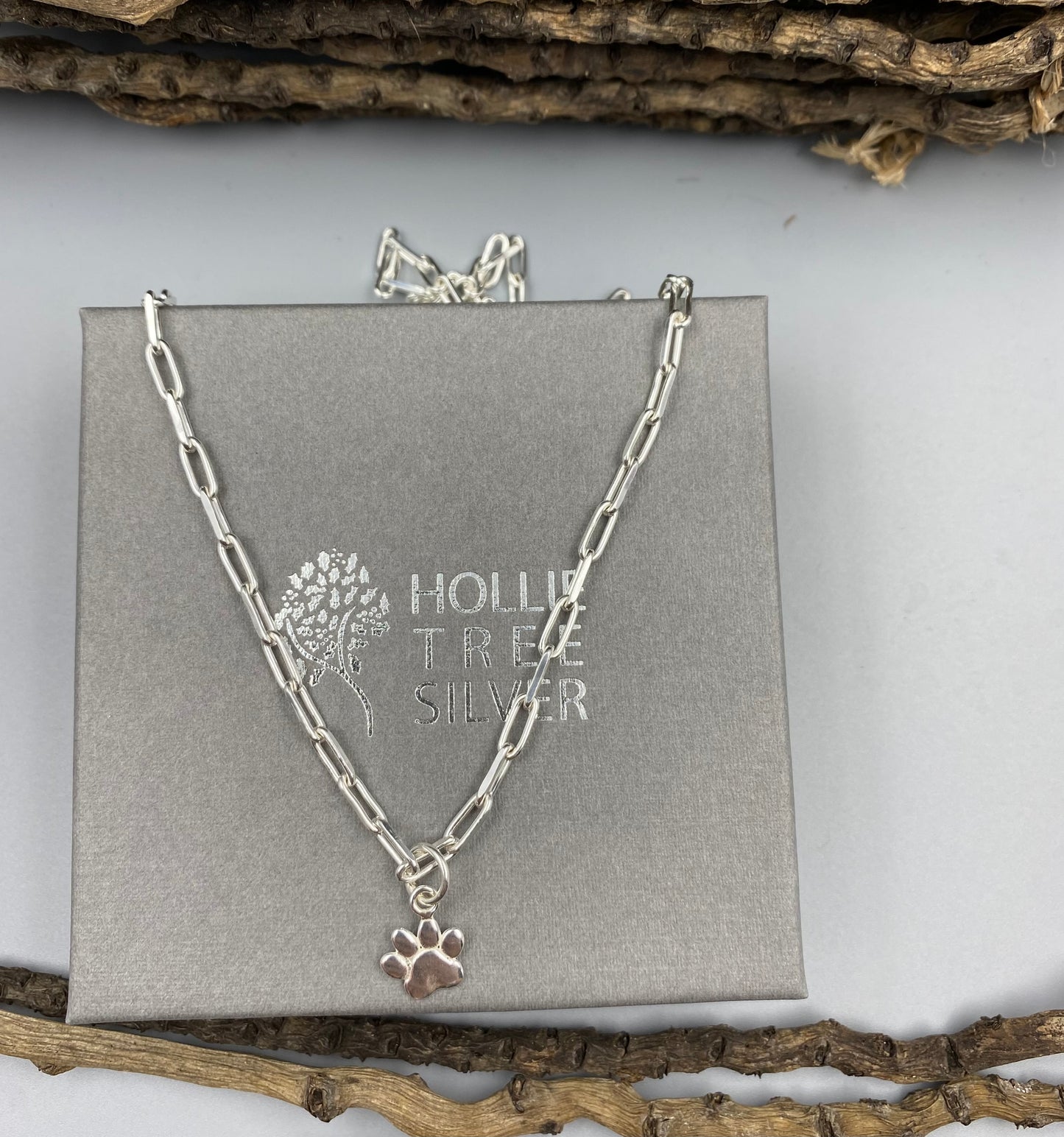 Dog paw charm trace chain necklace in Sterling Silver