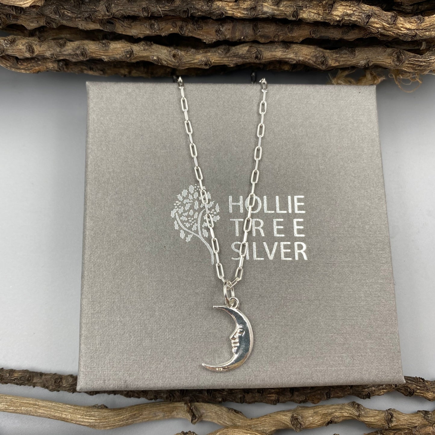 Moon charm skinny trace chain necklace in Sterling Silver