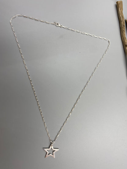 Open star charm skinny trace chain necklace in Sterling Silver