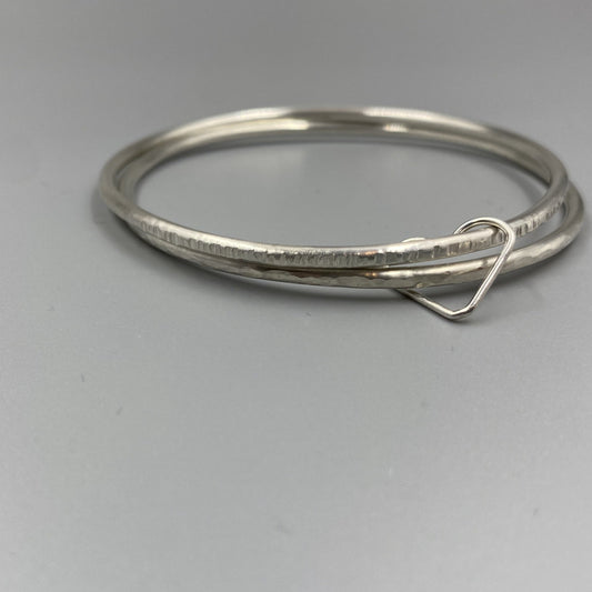 Sterling silver double texture stacker bangle with open heart ring