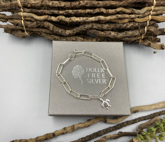 Sterling silver turtle charm chunky trace chain bracelet